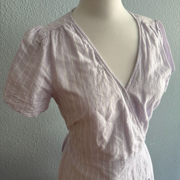 GAP Lavender Linen Striped Wrap Mini Dress Size Medium - Picture 3 of 8